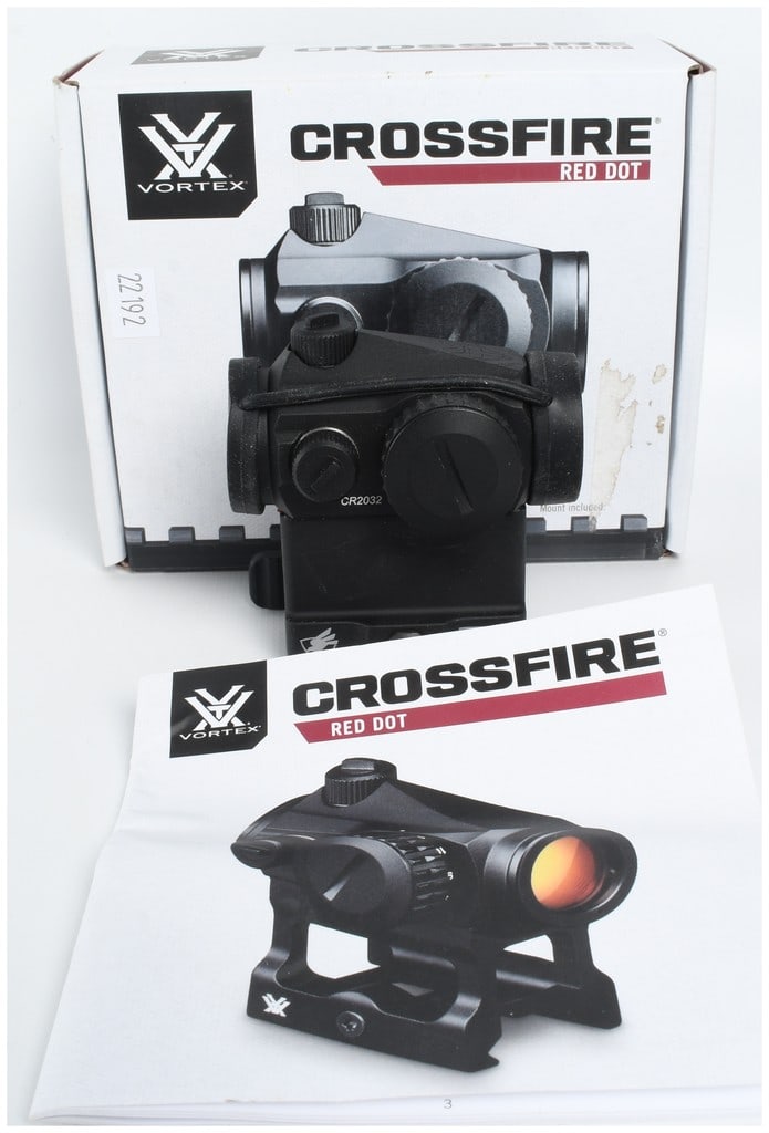 Vortex Crossfire CF-RD2 2 MOA Red Dot Sight with American Defense Mfg. Quick Detach Mount: A Vortex Crossfire 2 MOA red dot sight model CF-RD2 mounted on an American Defense Mfg. QD Auto Lock quick-detach riser mount. The optic features an adjustable bright red dot reticle designed for rapi