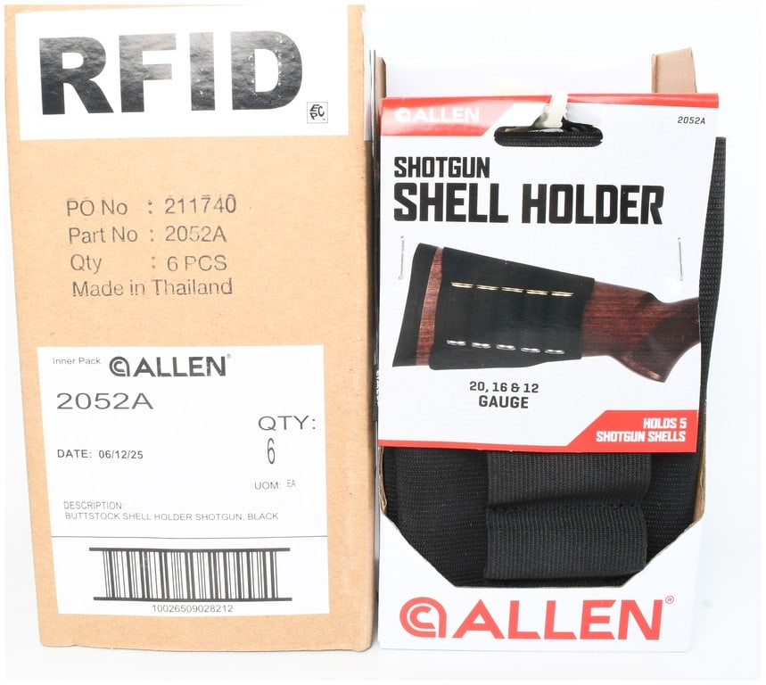 A Case of 6 Allen Model 2052A Shotgun Shell Holders 12, 16, and 20 Gauge: This lot consists of six new-in-packaging Allen shotgun shell holders, model number 2052A, designed for universal fitment on shotgun buttstocks. Each holder is constructed from durable black elastic f