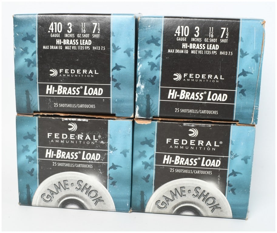 A Lot of 100 Rounds Federal Hi-Brass Load and Game-Shok Shotgun Ammunition .410 Gauge: A lot of 100 rounds of .410 gauge shotgun ammunition manufactured by Federal Ammunition, featuring a mix of Hi-Brass Load and Game-Shok product lines. The shells are 3-inch length with an 11/16 oz sho