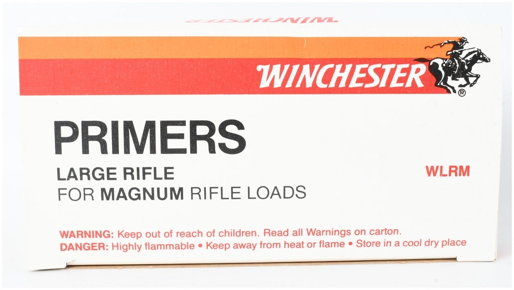 One Box of 1,000 Winchester Large Rifle Magnum Primers: A single box containing 1,000 Winchester large rifle magnum primers. The white cardboard carton features the manufacturer's signature orange and red horizontal stripes and horse and rider logo. The fr