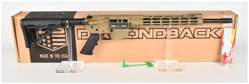 Diamondback DB15 Semi-Automatic Rifle .300 Blackout with 16 Inch Barrel: This semi-automatic rifle is a Diamondback DB15 chambered in the versatile .300 Blackout cartridge. It features a 16-inch black finished barrel with a 1/8 twist rate, fitted with a standard birdcage-s