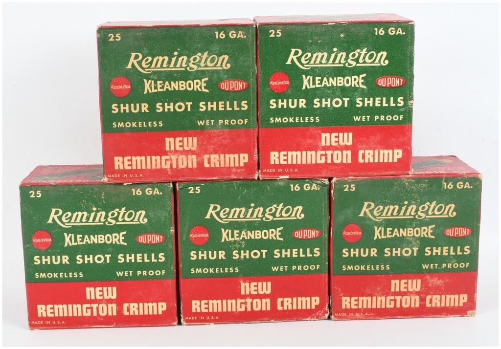 A Lot of 125 Remington Shur Shot Kleanbore 16-Gauge Shotgun Shells: This lot consists of five boxes containing a total of 125 Remington Shur Shot Kleanbore 16-gauge shotgun shells. Designed for use in shotguns with 2 3/4-inch chambers, these skeet loads feature green 