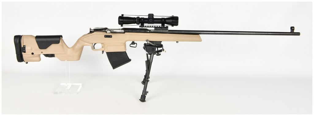 Mosin-Nagant Model 91/30 Archangel OPFOR Custom Bolt Action Rifle 7.62x54mmR: This lot features a single bolt-action rifle built on a modified Soviet Mosin-Nagant Model 91/30 barreled action chambered in 7.62x54mmR. The rifle is housed in a tan polymer Archangel OPFOR precision