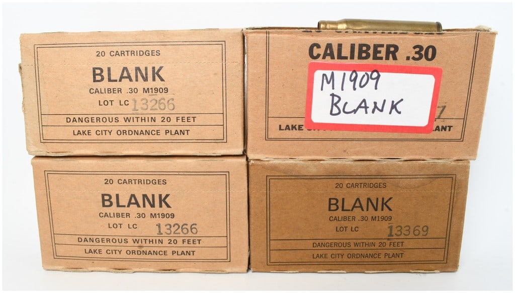A Lot of 80 Lake City Ordnance Plant M1909 Blank Ammunition .30-06 Springfield: This lot consists of 80 cartridges of .30-06 Springfield caliber M1909 blank ammunition, divided among four cardboard boxes, each containing 20 rounds. Manufactured primarily at the Lake City Ordnance