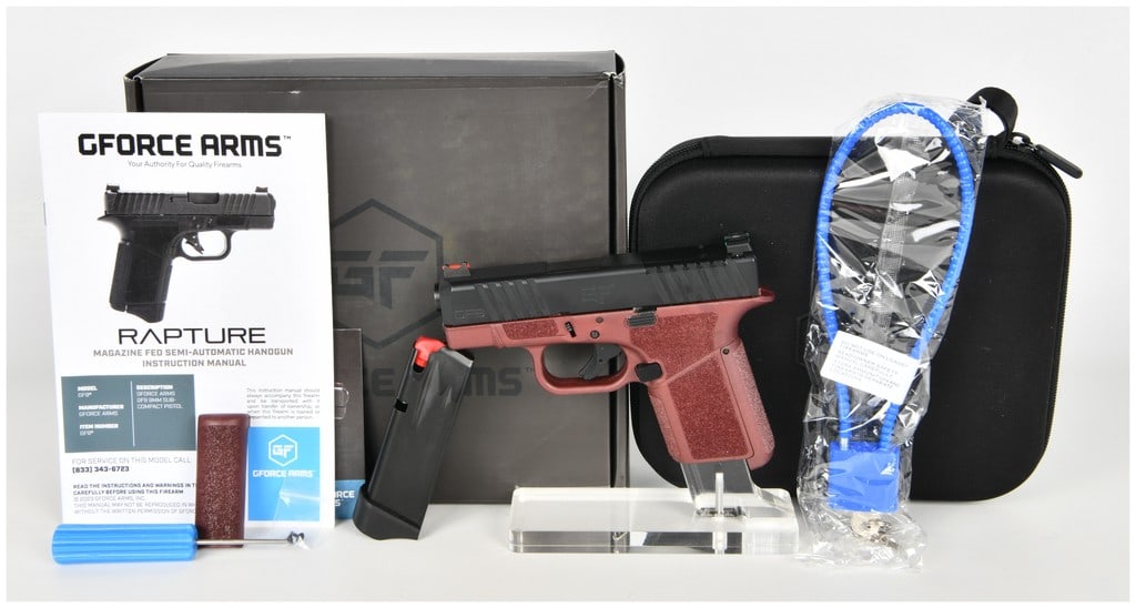 GForce Arms GF9 Rapture Semi-Automatic Pistol 9mm with 3.25 Inch Barrel: This lot features one GForce Arms GF9 Rapture semi-automatic sub-compact pistol chambered in 9x19mm. The firearm is equipped with a 3.25-inch barrel and a black finished slide featuring front and rear