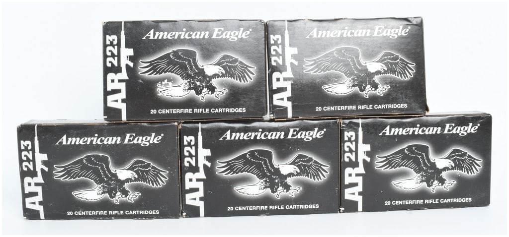 Federal American Eagle AR 223 Centerfire Rifle Ammunition .223 Remington: A lot of 100 rounds of Federal American Eagle .223 Remington centerfire rifle ammunition, contained in five individual boxes of 20 rounds each. This ammunition is loaded with 55 grain full metal jacke