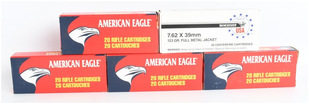 A Lot of 100 Rounds Federal American Eagle and Winchester USA Ammunition 7.62x39mm Soviet: This lot consists of 100 rounds of 7.62x39mm Soviet centerfire rifle ammunition divided into five individual boxes of twenty rounds each. The collection features four boxes of Federal American Eagle b