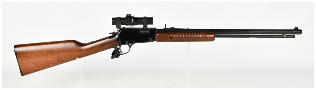 Henry Repeating Arms Pump Action Octagon Rifle .22 S/L/LR with 20.5 Inch Octagonal Barrel: This is a modern pump-action sporting rifle manufactured by Henry Repeating Arms, chambered to accept .22 Short, Long, and Long Rifle cartridges. The firearm is configured with a 20.5-inch blued octag