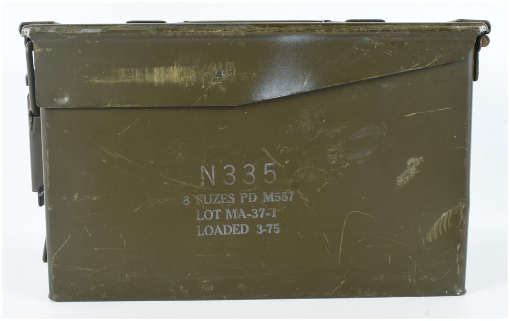 US Military Steel Storage Ammo Can 12x6x7 with M557 Artillery Fuze Markings Dated 1975 (1 of 3)