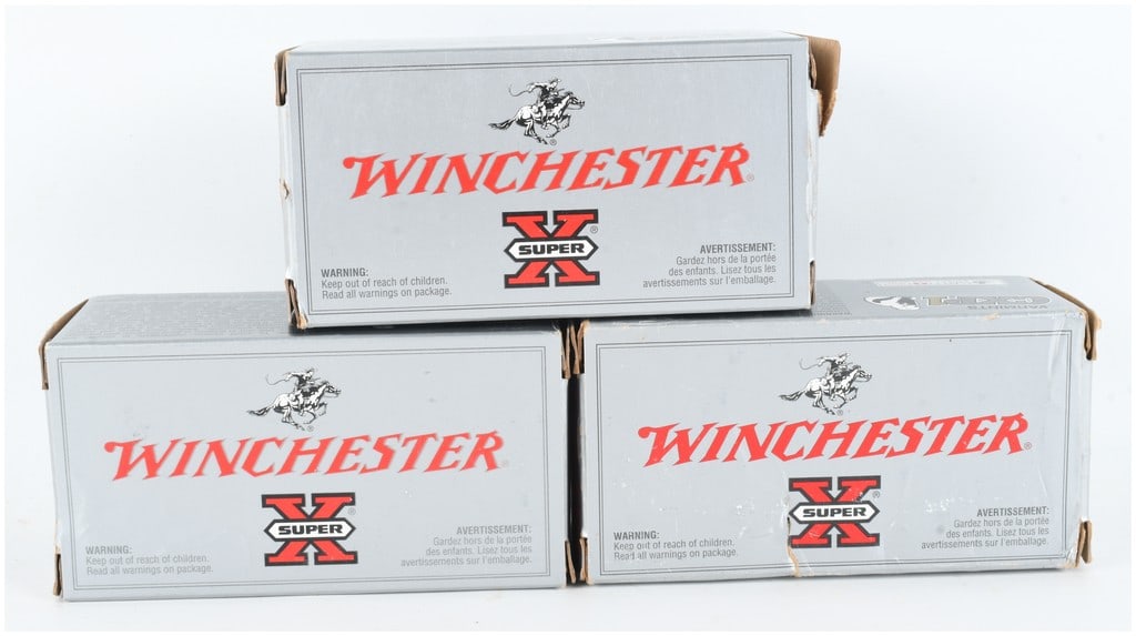 A Lot of 150 Rounds of Winchester Super-X .22 Hornet Ammunition: This lot comprises 150 rounds of Winchester Super-X .22 Hornet ammunition, consisting of three boxes of 50 rounds each. One box is designated as 45 grain soft point cartridges with the product code X2