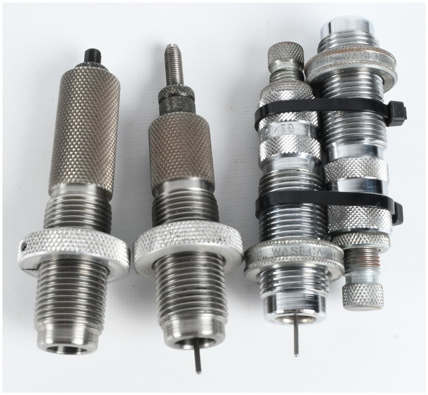 A Lot of 4 RCBS and Herter's Reloading Dies 8x57mm Mauser: This lot consists of four reloading dies chambered for the 8x57mm Mauser cartridge. The collection includes two distinct two-die sets from different manufacturers. The first pair is an RCBS steel die 