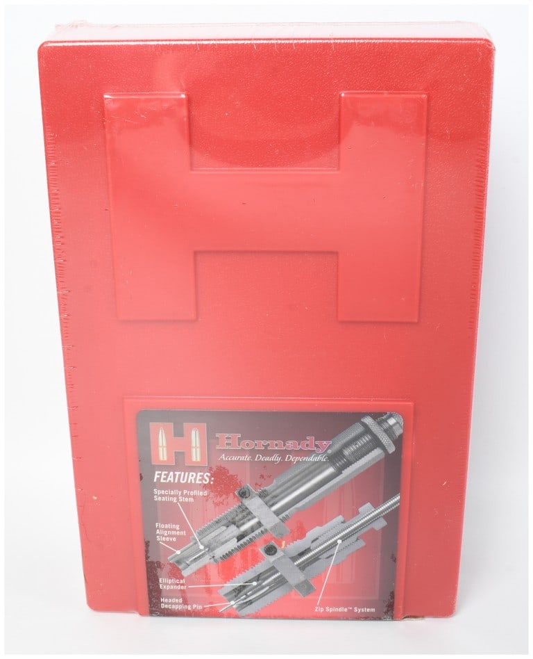 Hornady Custom Grade 33 Nosler 2 Die Set, Item No. 546381: A Hornady Custom Grade 2 Die Set manufactured for .33 Nosler caliber reloading. This item, identified by item number 546381, incorporates several specific design features including a Zip Spindle syste