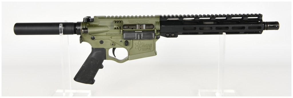 American Tactical Omni Hybrid Semi-Automatic Pistol Multi-Cal with 7.5 Inch Barrel: This is a semi-automatic AR-15 style pistol chambered in a multi-caliber configuration, featuring a reinforced polymer upper and lower receiver set by American Tactical in an olive drab green finish. 