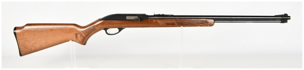 Glenfield Model 60 Semi-Automatic Rifle .22 LR with 22 Inch Barrel: This is a Glenfield Model 60 semi-automatic rimfire rifle manufactured by The Marlin Firearms Co. in North Haven, Connecticut. Chambered for .22 Long Rifle, the firearm features a 22 inch blued steel 