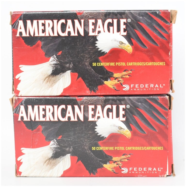 A Lot of 100 Rounds Federal American Eagle .327 Federal Magnum Ammunition: This lot consists of two boxes of Federal American Eagle centerfire pistol ammunition in .327 Federal Magnum caliber, providing a total of 100 rounds. Each box contains 50 cartridges featuring 100-gra