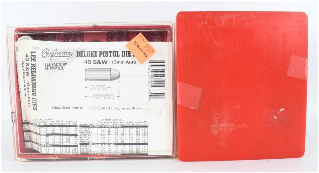 A Pair of Reloading Die Sets Including Lee Deluxe Pistol Dies and Pacific Durachrome 6.5M/M TCU Dies: A pair of reloading die sets housed in their respective red plastic storage cases, intended for reloading handgun and rifle cartridges. The first set is a Lee Precision Deluxe Pistol Dies four-die set