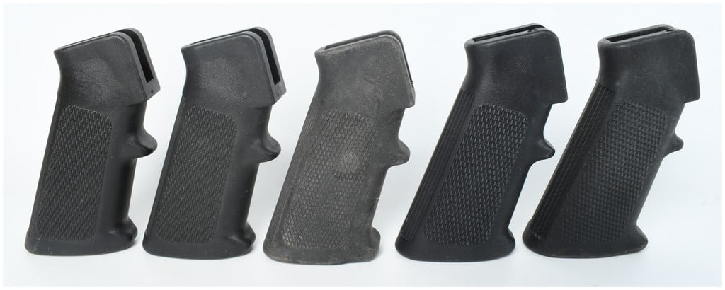 A Collection of Five A2 Style Polymer Pistol Grips for AR-15/M16 Pattern Firearms: This lot consists of a collection of five black polymer pistol grips, designed in the standard A2 profile for AR-15 and M16 pattern rifles. Each grip is constructed from a durable synthetic polymer an