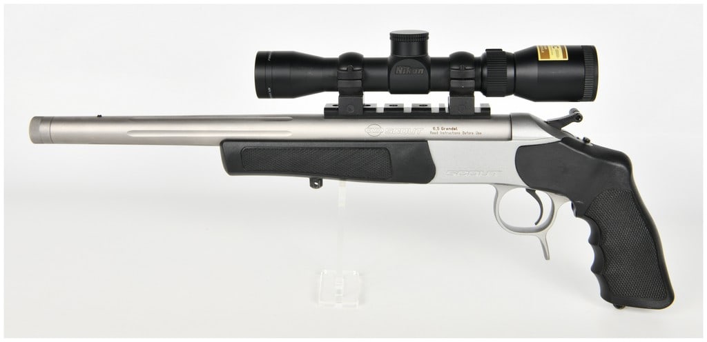 CVA Scout Break-Action Single-Shot Pistol 6.5 Grendel with 14 Inch Barrel: This CVA Scout is a break-action single-shot handgun chambered in 6.5 Grendel, intended for long-range target shooting and hunting. The firearm features a 14-inch fluted stainless steel barrel with a 