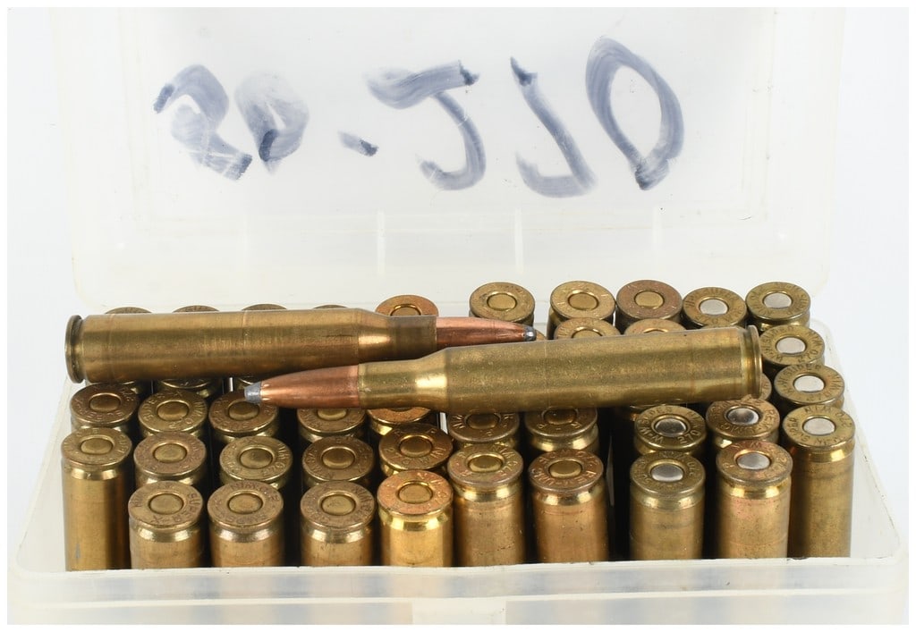 A Lot of 50 Rounds of .270 Winchester Ammunition: This lot consists of 50 rounds of .270 Winchester caliber centerfire rifle ammunition, presented in a clear plastic storage case. The cartridges are topped with copper-jacketed bullets featuring lead 