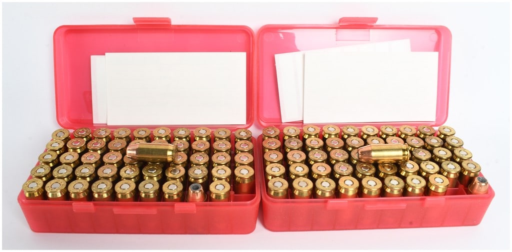 A Lot of 100 Rounds .45 Auto Jacketed Hollow Point Ammunition: This lot consists of 100 rounds of .45 Auto (ACP) ammunition featuring jacketed hollow point (JHP) projectiles. The cartridges are from mixed manufacturers as indicated by the visible headstamps, with