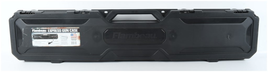 Flambeau Express Model 6448SC Hard-Sided Long Gun Case: This lot features a single Flambeau Express hard-sided long gun case, model 6448SC. Designed for the safe transport of a rifle or shotgun, the case is constructed of durable black textured polymer wit