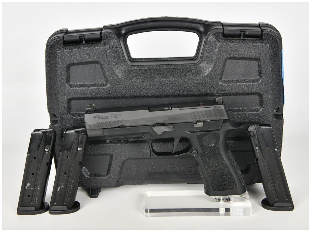 Sig Sauer P320 Semi-Automatic Pistol 9mm with 4.7 Inch Barrel: This lot features a Sig Sauer P320 semi-automatic striker-fired pistol chambered for 9mm x 19mm. The firearm is configured with a 4.7 inch barrel and a matte black finished slide featuring both forwar