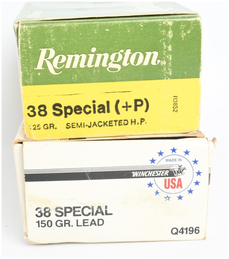 A Lot of 71 .38 Special Cartridges and a 500-Round Brick of Remington .22 Long Rifle Ammunition: This lot contains 71 cartridges of .38 Special ammunition and a 500-round brick of .22 Long Rifle rimfire ammunition. The .38 Special group consists of 26 Remington (+P) cartridges featuring 125-grain