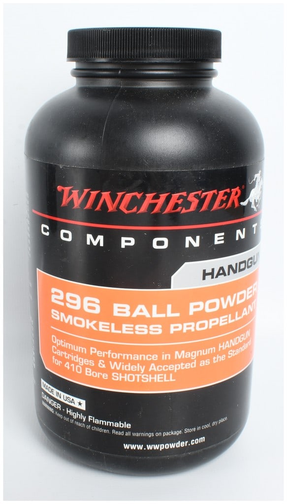 Winchester 296 Ball Powder Smokeless Propellant, 1 Pound: A one-pound container of Winchester 296 Ball Powder smokeless propellant. The propellant is held within a black plastic bottle with a wrap-around black and orange label. The front of the label indicat