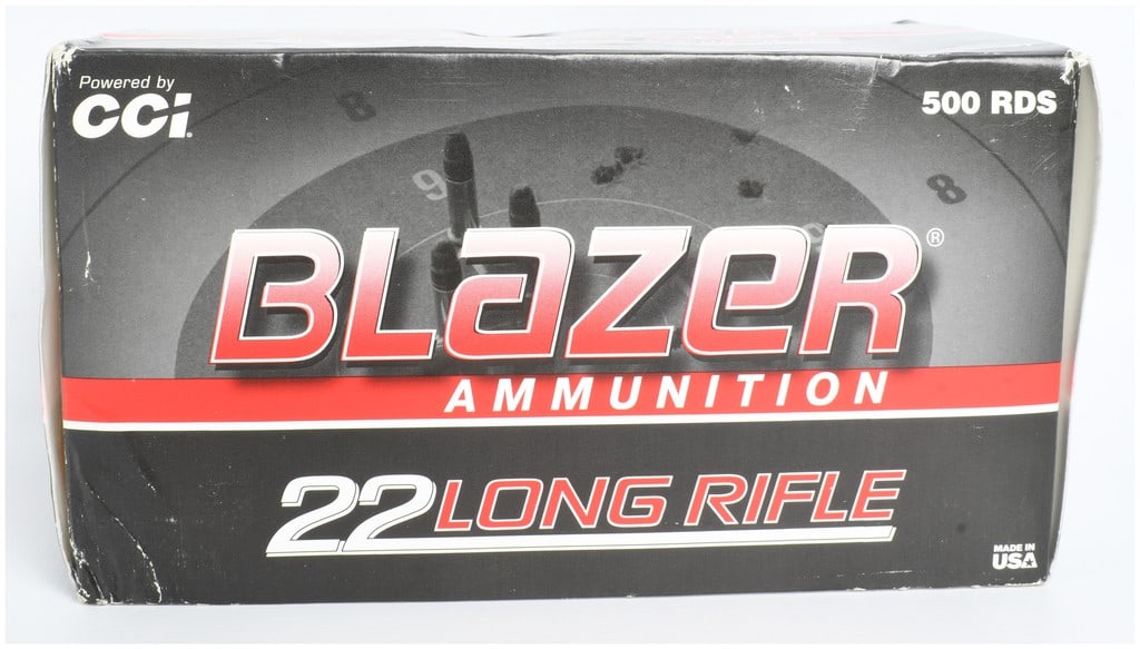 A Lot of 500 Rounds of CCI Blazer Ammunition .22 Long Rifle: This lot consists of 500 rounds of Blazer brand .22 Long Rifle ammunition, manufactured by CCI. The cartridges feature 40-grain (2.59-gram) lead round nose bullets in brass rimfire casings. The lot co