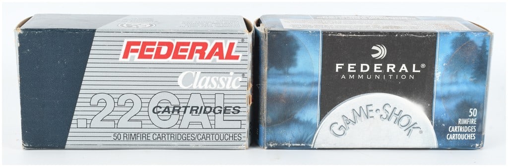 Federal Classic and Game-Shok .22 Rimfire Ammunition Lot of 76: This lot consists of a collection of 76 .22 caliber rimfire ammunition cartridges manufactured by Federal, including both the Classic and Game-Shok product lines. The cartridges are housed in two part