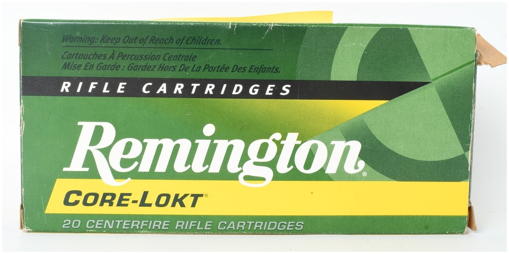 A Lot of 20 Remington Core-Lokt Centerfire Rifle Ammunition .45-70 Government: This lot consists of one box containing 20 rounds of Remington Core-Lokt .45-70 Government caliber centerfire rifle ammunition. These cartridges are loaded with 405-grain soft point (SP) bullets, a cl