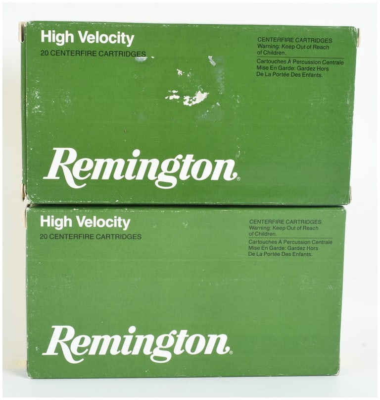 A Lot of 40 Remington High Velocity 300 Win Mag Centerfire Cartridges: This lot consists of forty rounds of Remington High Velocity .300 Win Mag centerfire rifle ammunition. The ammunition is divided into two boxes, each containing twenty cartridges featuring 150-grain C