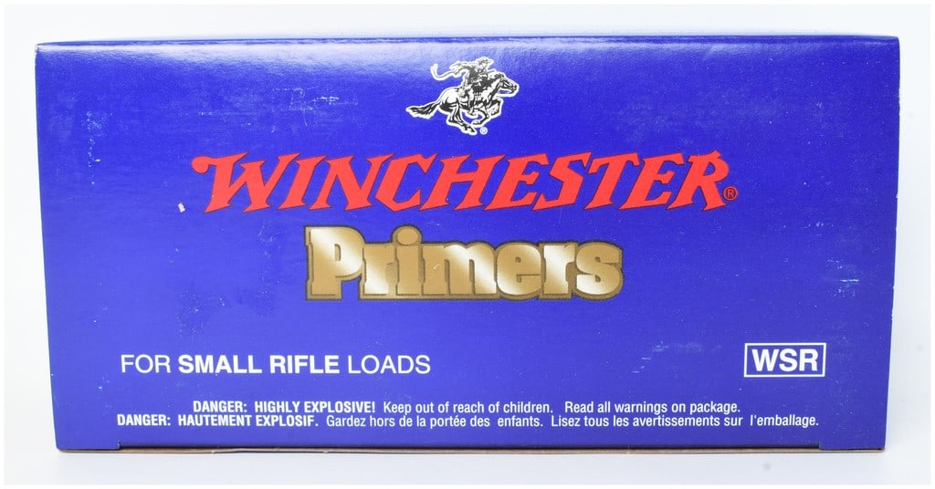 Winchester Small Rifle Primers (WSR), 1,000 Primers: One retail box of Winchester primers manufactured for small rifle loads. The blue cardboard packaging displays the red Winchester logo and a white horse and rider graphic above the word Primers in gol