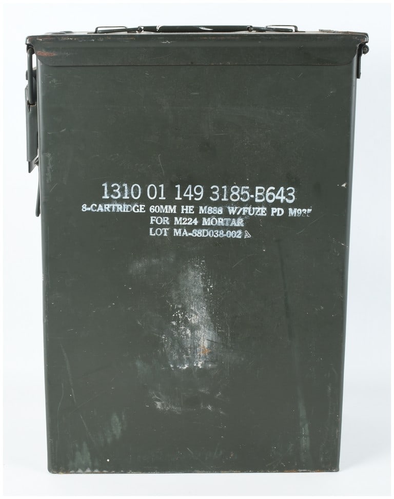 US Military PA-70 Metal Ammunition Can: A United States military PA-70 ammunition storage container manufactured by S.C.C. The unit is constructed of heavy-gauge steel with a standard olive drab green finish. It features a fully removable h