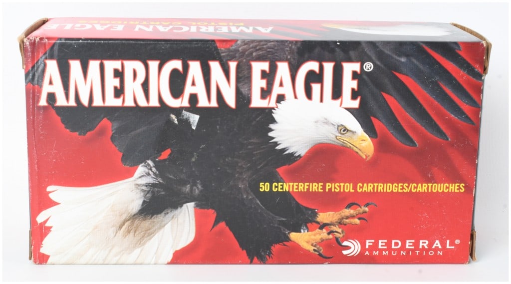 A Lot of 50 Rounds of Federal American Eagle Ammunition .45 Colt 225 Grain Jacketed Soft Point: This lot features a box containing 50 rounds of Federal American Eagle .45 Colt handgun ammunition. Each centerfire cartridge is loaded with a 225-grain jacketed soft point bullet seated in a brass ca
