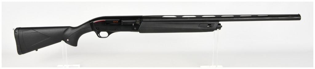 Winchester Super X3 Semi-Automatic Shotgun 12 Gauge with 26 Inch Barrel: This is a Winchester Super X3 semi-automatic shotgun chambered in 12 gauge. The firearm is configured with a 26-inch barrel featuring a ventilated rib and a brass front bead sight, designed to chamber