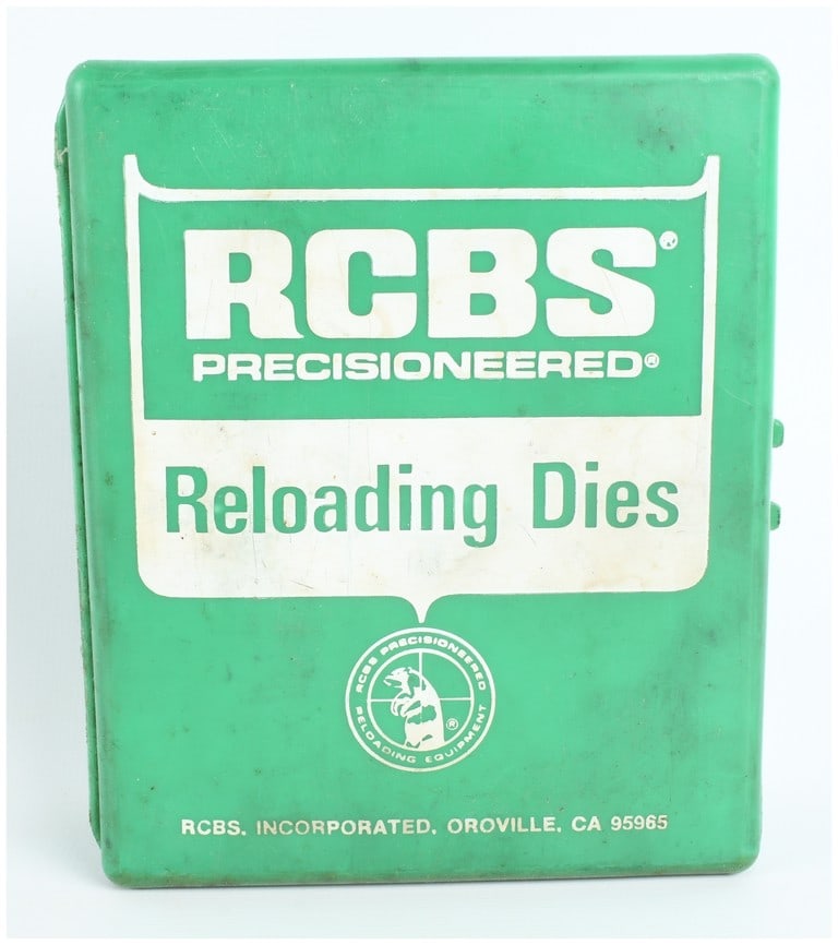 Mixed Manufacture .30-06 Reloading Die Set in RCBS Case: A trio of steel reloading dies for .30-06 caliber ammunition, contained within a vintage green plastic RCBS storage case. The case lid is printed with the RCBS logo and PRECISIONEERED Reloading Dies, 