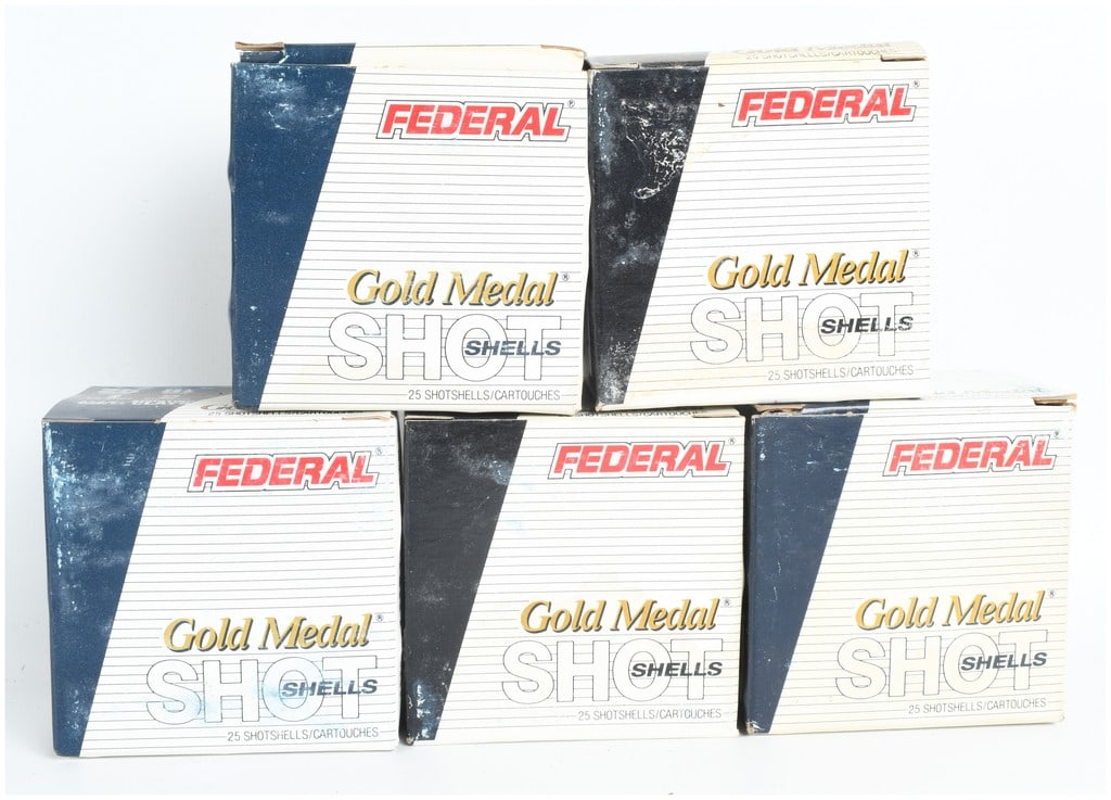Federal Gold Medal 28 Gauge Shotgun Ammunition 125 Rounds: This lot features a collection of 125 rounds of Federal Gold Medal 28-gauge shotgun ammunition, distributed across five individual boxes containing 25 shells each. The exterior packaging identifies th