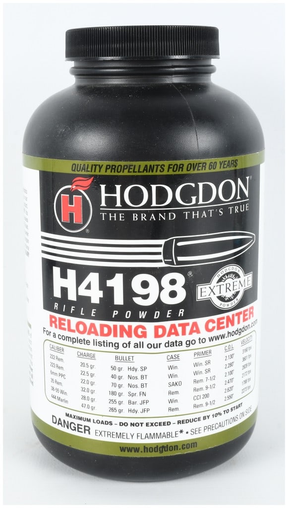 Hodgdon H4198 Extreme Smokeless Rifle Powder, 1 Pound: A 1 pound container of Hodgdon H4198 Extreme smokeless rifle powder. This propellant is housed in a black plastic bottle with a matching black screw-top cap. The front label features the Hodgdon H log