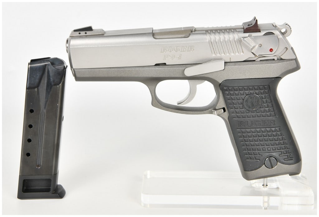 Ruger P94 Semi-Automatic Pistol 9mm with 4.25 Inch Barrel: This lot features a Ruger P94 semi-automatic pistol chambered in 9mm with a 4.25 inch barrel. The firearm is constructed with a brushed stainless steel slide and a matte grey alloy frame, a combinatio