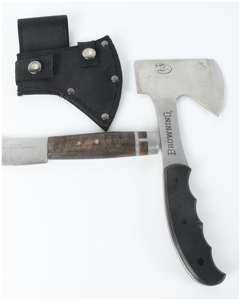 Two Hunting and Utility Tools Including a Browning Model 478 Hatchet and a C+R Loo Curved Knife: A lot consisting of two edged tools: a Browning hunting hatchet and a vintage C+R Loo curved utility knife. The Browning hatchet is identified as Model 478 and features full-tang steel construction. I