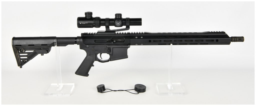 Palmetto State Armory PA-15 Semi-Automatic Rifle .22 WMR with 16 Inch Barrel: This semi-automatic rifle is chambered in .22 WMR and features a side-charging Bear Creek Arsenal upper receiver mated to a Palmetto State Armory PA-15 lower receiver. The configuration includes a 16-