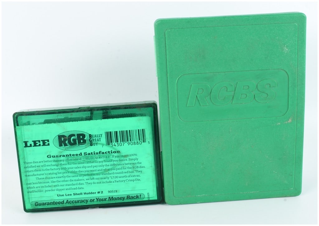 Two .30-06 Springfield Reloading Die Sets by Lee and RCBS: A collection of two .30-06 Springfield caliber reloading die sets from Lee Precision, Inc. and RCBS. The Lee RGB set is housed in a translucent green plastic case with a label identifying it as part n