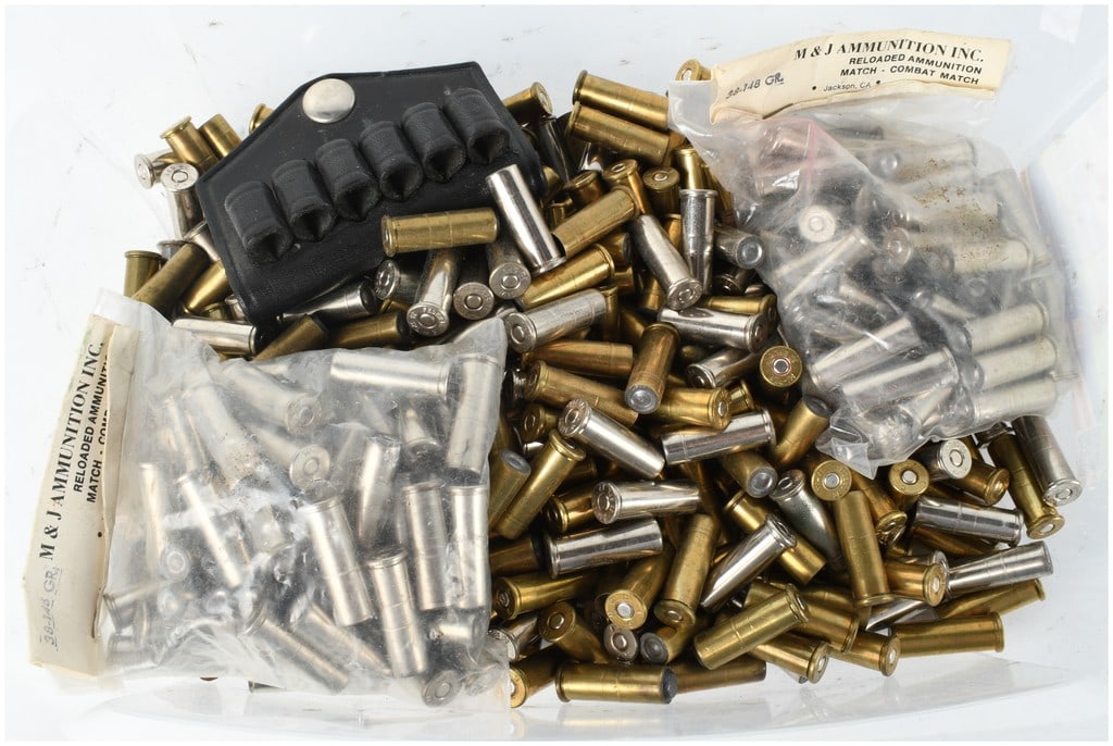 A Lot of 370 .38 Special 148-Grain Wadcutter Reloaded Ammunition: This lot consists of a bulk quantity of 370 rounds of .38 Special caliber handgun ammunition featuring 148-grain lead wadcutter bullets seated flush with the case mouths. The collection features a mix