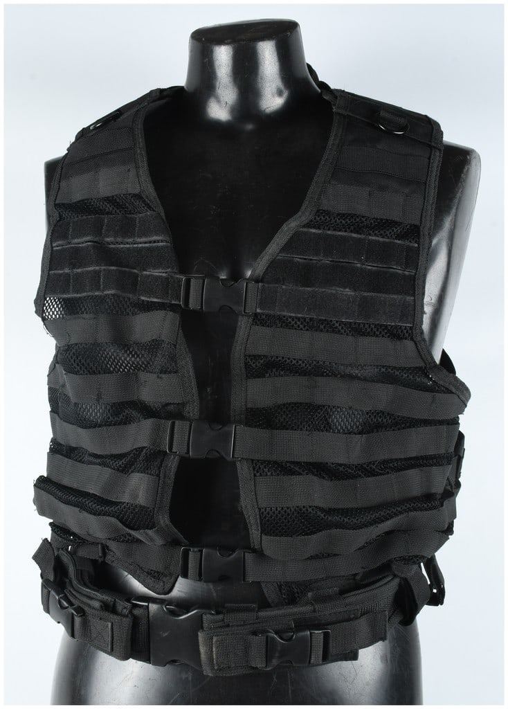 Black Nylon Mesh Modular Tactical Vest Attributed to NcStar VISM: This modular tactical load-bearing vest (LBV) is constructed on a black nylon mesh chassis designed for breathability. The front, back, and sides are heavily layered with horizontal PALS (Pouch Attach