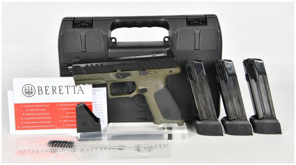 Beretta APX A1 FS Striker-Fired Semi-Automatic Pistol 9x19mm with Threaded Barrel: This Beretta APX A1 FS is a striker-fired semi-automatic pistol chambered in 9x19mm, configured for tactical or duty use. The firearm features a two-tone appearance with a black finished, optics-ready