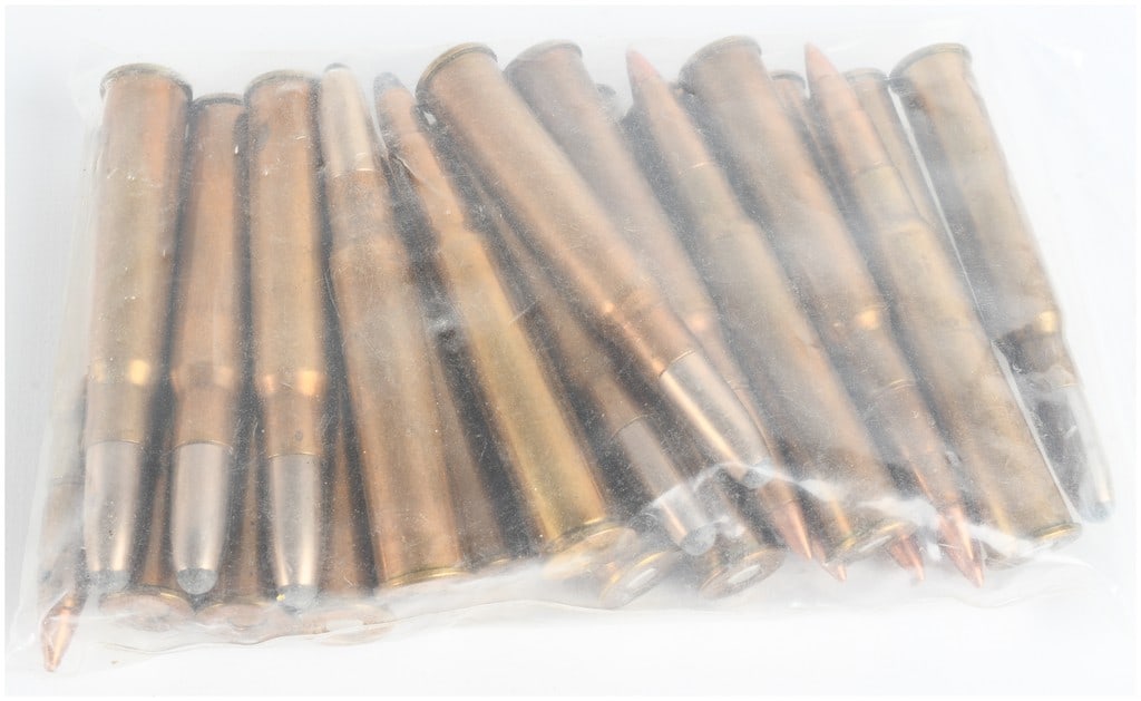 A Lot of 23 Norma and Sellier and Bellot 8x57JR Ammunition: This lot consists of 23 centerfire rifle cartridges chambered in 8x57JR, a rimmed variant of the 8x57mm Mauser cartridge. The ammunition is loosely packaged in a clear plastic bag and comprises a mix 