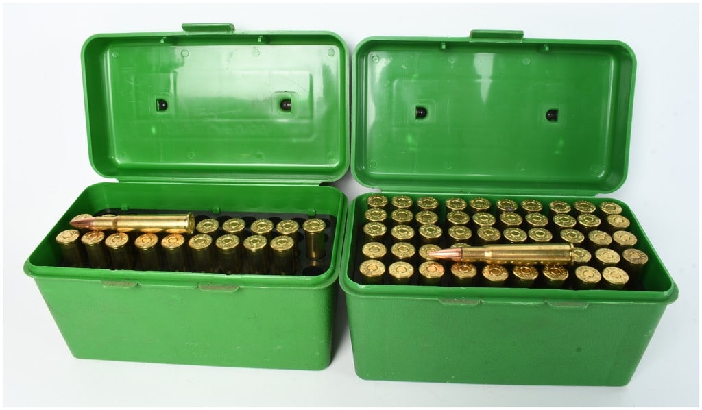 Hornady .30-40 Krag Centerfire Rifle Ammunition: This lot features 70 rounds of centerfire rifle ammunition manufactured by Hornady, chambered in .30-40 Krag, also known as 30/40 Creg. Each round is assembled with a polished brass case and a copper-