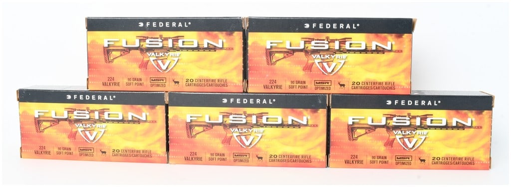 A Lot of 100 Rounds of Federal Fusion MSR .224 Valkyrie Centerfire Rifle Ammunition: This lot consists of 100 rounds of Federal Fusion MSR centerfire rifle ammunition, chambered in .224 Valkyrie. The ammunition is contained within five original retail boxes of 20 cartridges each and i