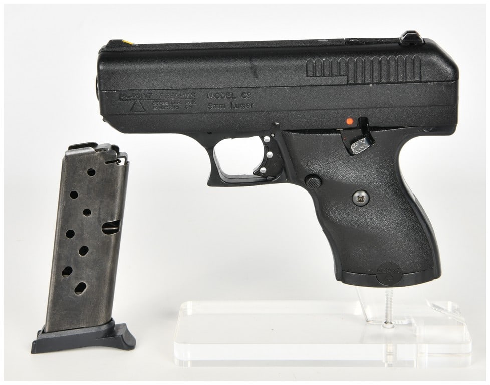 Hi-Point Model C9 Semi-Automatic Pistol 9mm Luger with 3.5 Inch Barrel: This Hi-Point Model C9 is a striker-fired semi-automatic pistol chambered in 9mm Luger, configured for reliable performance. The firearm is equipped with a 3.5 inch barrel and a black textured steel s